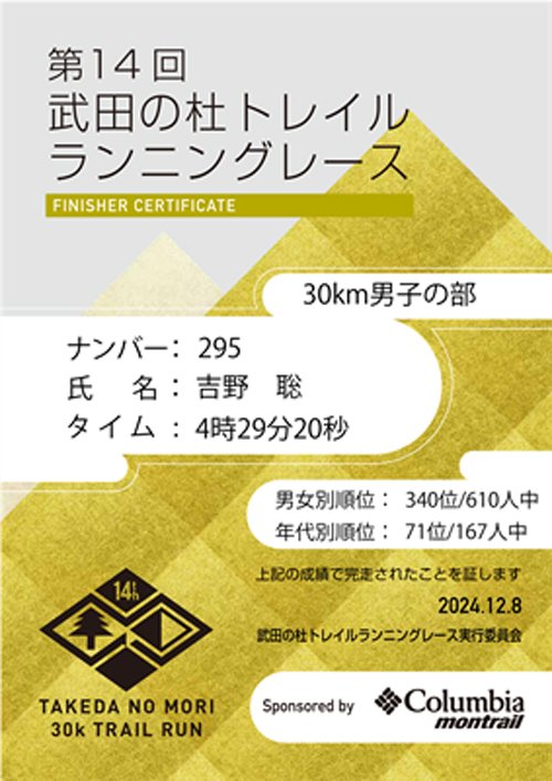 第14回武田の杜トレラン　吉野聡結果証