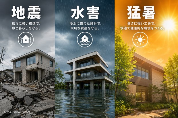 地震　水害　猛暑　災害に強い建築が必要な時代に
