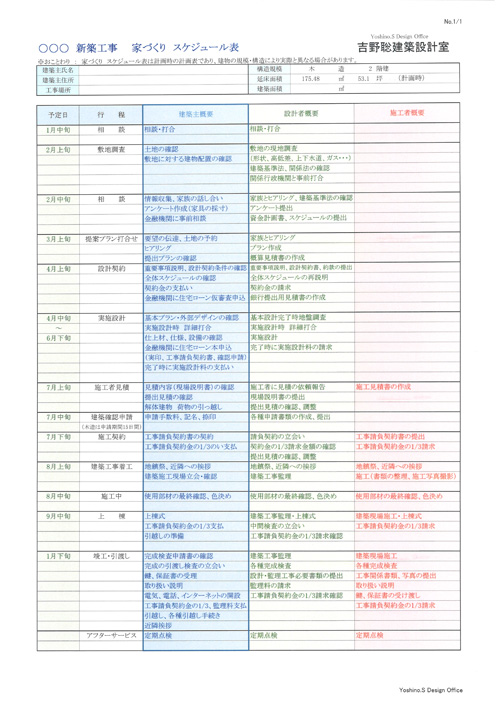 吉野聡建築設計室のオリジナル　スケジュール表