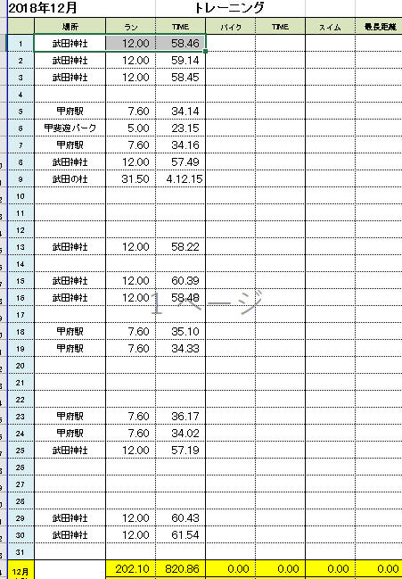 平成30年12月のトレーニング集計表