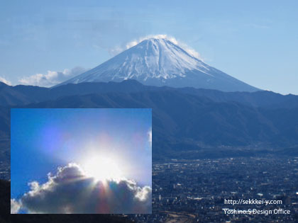 甲府市和田峠から見た冬の富士山と夏の太陽